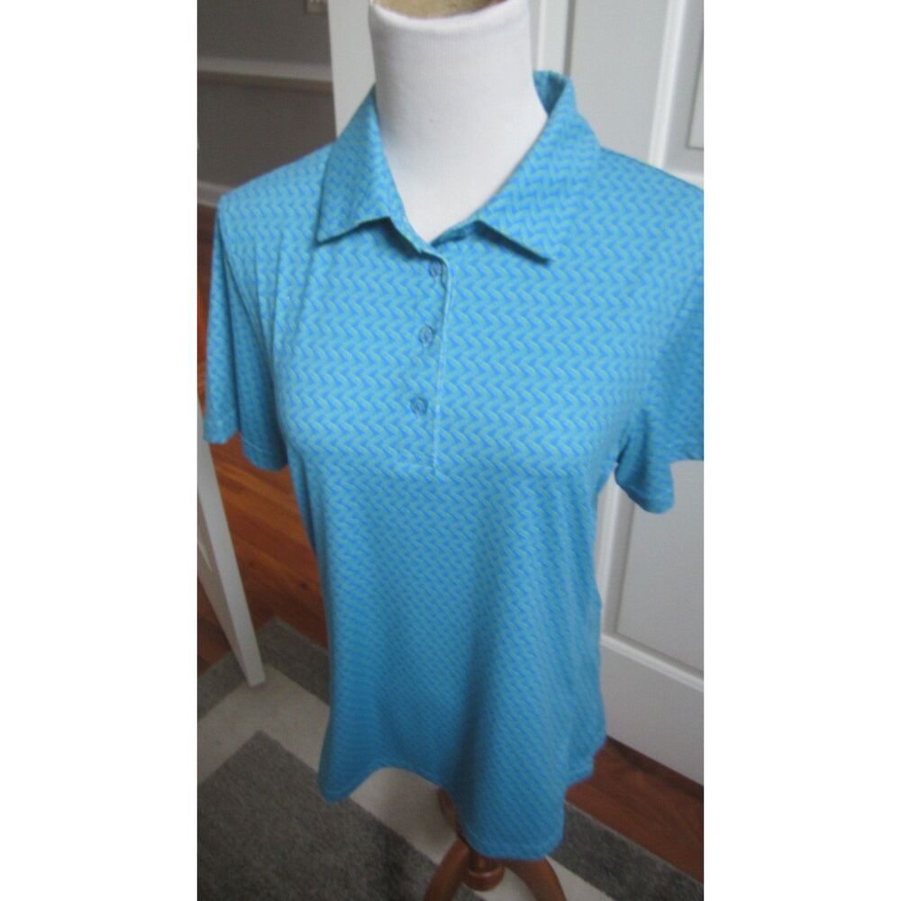 PRETTY SHORT PAR 4 WOMEN'S BLUE & GREEN GEOMETRIC DESIGN BUTTON DOWN POLO  M